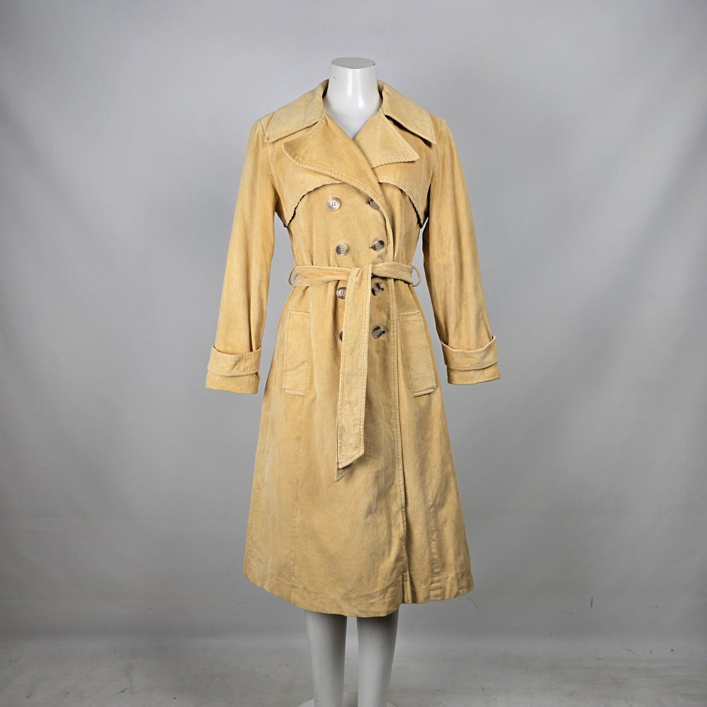 Vintage Jeune Creation Montreal Yellow Corduroy Double Breasted Trench Coat Size 13/14