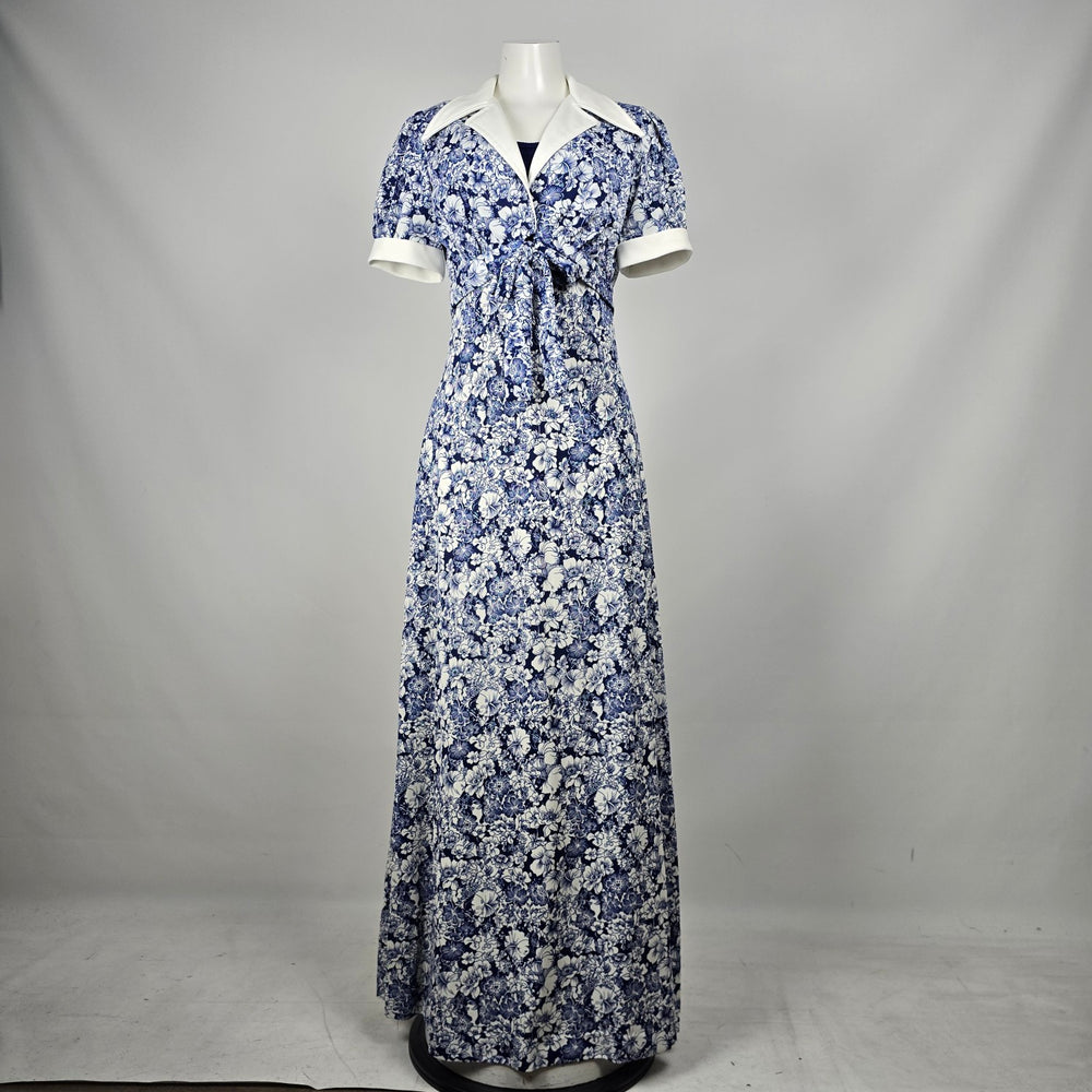 Vintage 70s Nu-Mode Blue White Floral Maxi Dress with Matching Bolero Jacket - Size S-M