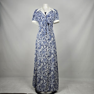 Vintage 70s Nu-Mode Blue White Floral Maxi Dress with Matching Bolero Jacket - Size S-M