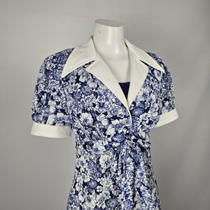 Vintage 70s Nu-Mode Blue White Floral Maxi Dress with Matching Bolero Jacket - Size S-M