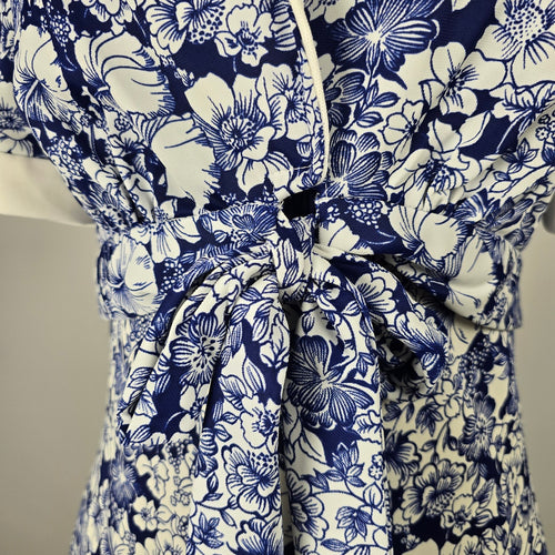 Vintage 70s Nu-Mode Blue White Floral Maxi Dress with Matching Bolero Jacket - Size S-M