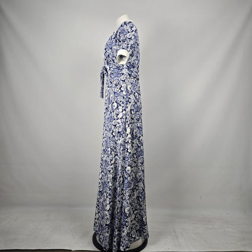 Vintage 70s Nu-Mode Blue White Floral Maxi Dress with Matching Bolero Jacket - Size S-M