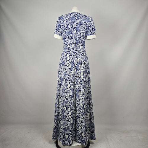 Vintage 70s Nu-Mode Blue White Floral Maxi Dress with Matching Bolero Jacket - Size S-M