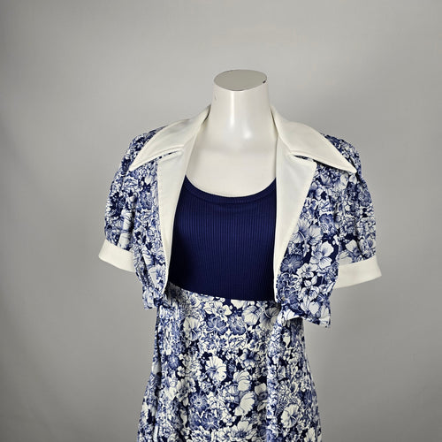 Vintage 70s Nu-Mode Blue White Floral Maxi Dress with Matching Bolero Jacket - Size S-M