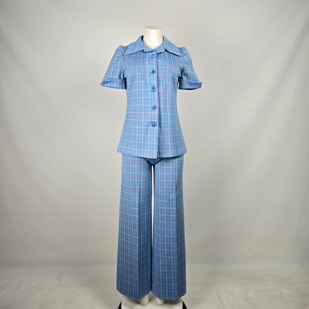 Vintage 1970s Blue Pink Plaid Pantsuit Set Wide Leg Pants Short Sleeve Top - Size S