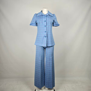 Vintage 1970s Blue Pink Plaid Pantsuit Set Wide Leg Pants Short Sleeve Top - Size S