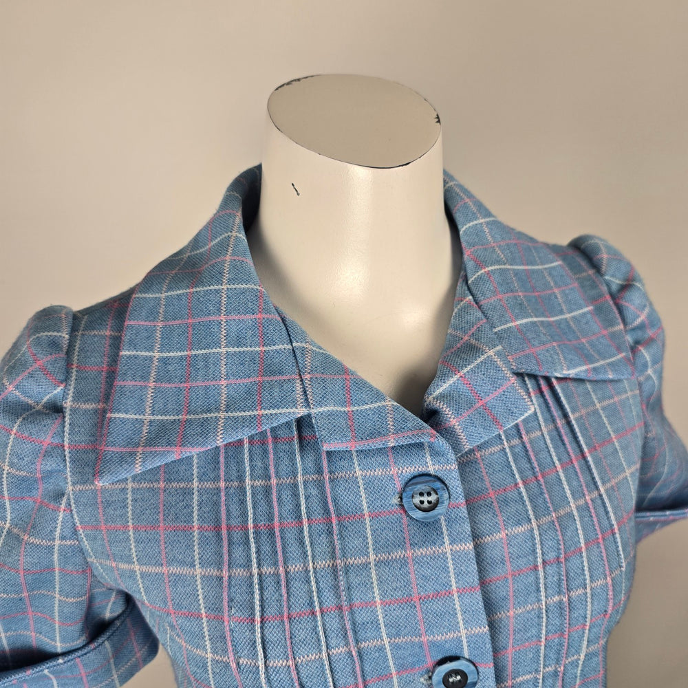 Vintage 1970s Blue Pink Plaid Pantsuit Set Wide Leg Pants Short Sleeve Top - Size S