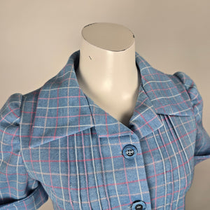 Vintage 1970s Blue Pink Plaid Pantsuit Set Wide Leg Pants Short Sleeve Top - Size S