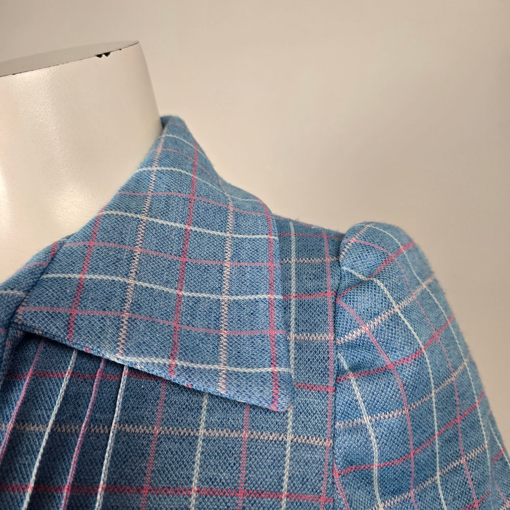 Vintage 1970s Blue Pink Plaid Pantsuit Set Wide Leg Pants Short Sleeve Top - Size S
