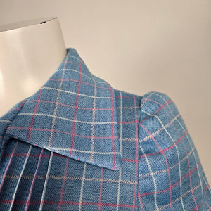 Vintage 1970s Blue Pink Plaid Pantsuit Set Wide Leg Pants Short Sleeve Top - Size S