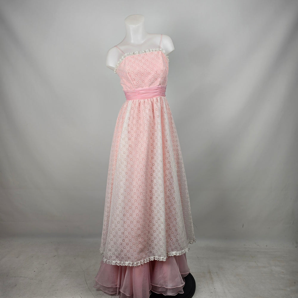 Vintage Union Made Pink & White Lace Maxi Gown Ruffle Train Formal Dress - Size XS/S