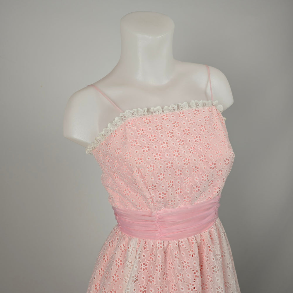 Vintage Union Made Pink & White Lace Maxi Gown Ruffle Train Formal Dress - Size XS/S