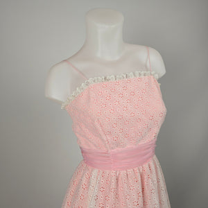 Vintage Union Made Pink & White Lace Maxi Gown Ruffle Train Formal Dress - Size XS/S