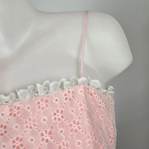 Vintage Union Made Pink & White Lace Maxi Gown Ruffle Train Formal Dress - Size XS/S
