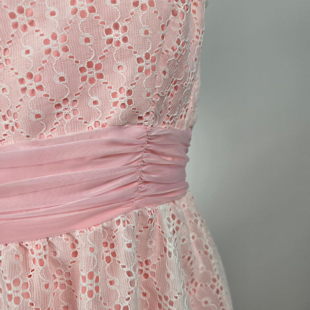 Vintage Union Made Pink & White Lace Maxi Gown Ruffle Train Formal Dress - Size XS/S