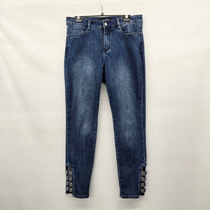 Joseph Ribkoff Ankle Grommet Rhinestone Detail Stretch Dark Wash Jeans Size 10