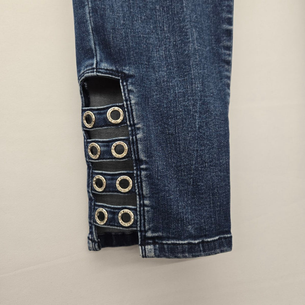 Joseph Ribkoff Ankle Grommet Rhinestone Detail Stretch Dark Wash Jeans Size 10