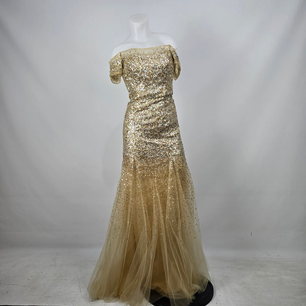 Sherri Hill Women’s Gold Sequin Off-Shoulder Mermaid Gown Size 4