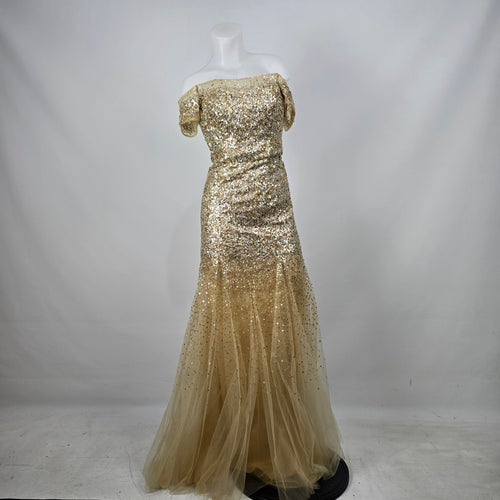 Sherri Hill Women’s Gold Sequin Off-Shoulder Mermaid Gown Size 4