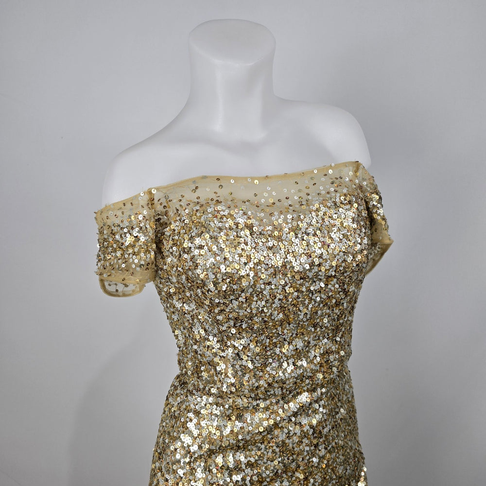 Sherri Hill Women’s Gold Sequin Off-Shoulder Mermaid Gown Size 4