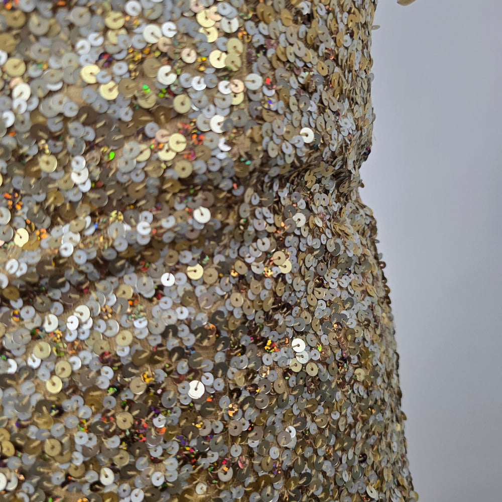 Sherri Hill Women’s Gold Sequin Off-Shoulder Mermaid Gown Size 4