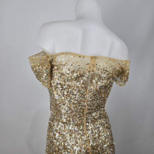 Sherri Hill Women’s Gold Sequin Off-Shoulder Mermaid Gown Size 4