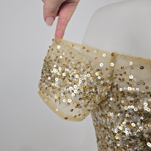 Sherri Hill Women’s Gold Sequin Off-Shoulder Mermaid Gown Size 4
