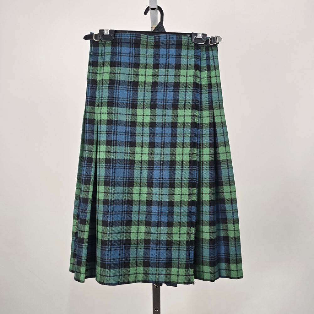 Vintage Made in Scotland Green Blue Black Plaid Wool Kilt Skirt Size 12