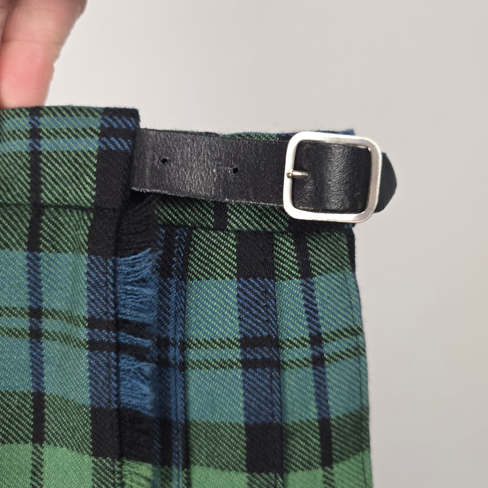 Vintage Made in Scotland Green Blue Black Plaid Wool Kilt Skirt Size 12
