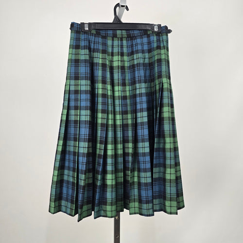 Vintage Made in Scotland Green Blue Black Plaid Wool Kilt Skirt Size 12