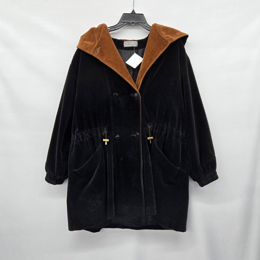 Novelt Black Velvet Hooded Jacket Brown Hood Drawstring Waist  - Size L/XL