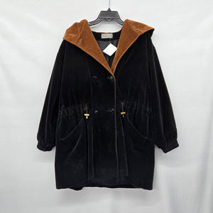 Novelt Black Velvet Hooded Jacket Brown Hood Drawstring Waist  - Size L/XL
