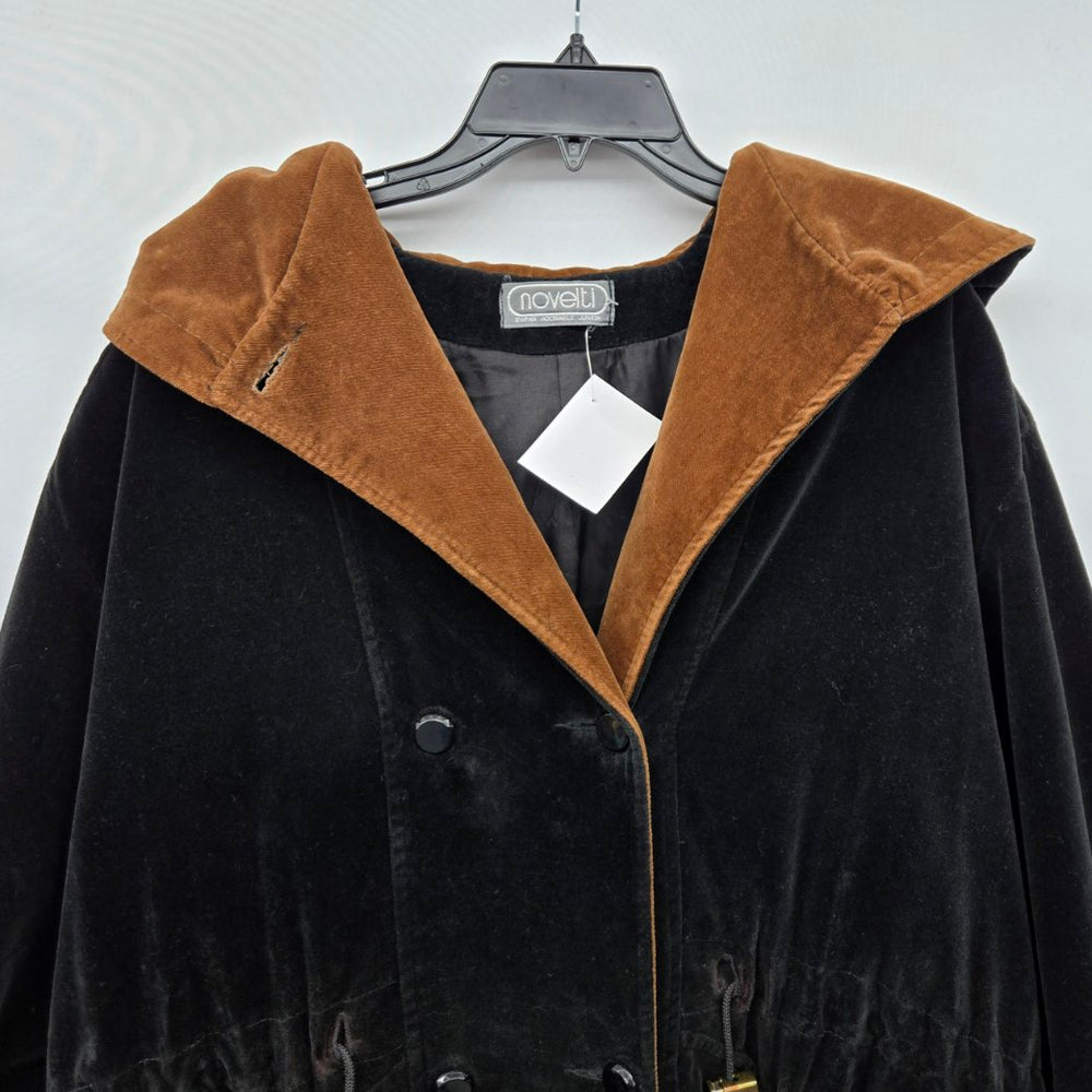 Novelt Black Velvet Hooded Jacket Brown Hood Drawstring Waist  - Size L/XL