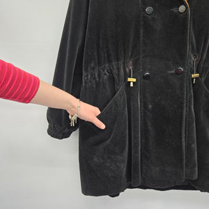 Novelt Black Velvet Hooded Jacket Brown Hood Drawstring Waist  - Size L/XL