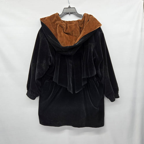 Novelt Black Velvet Hooded Jacket Brown Hood Drawstring Waist  - Size L/XL