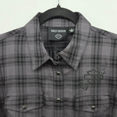 Harley-Davidson Gray Black Plaid Button-Up Shirt Size S
