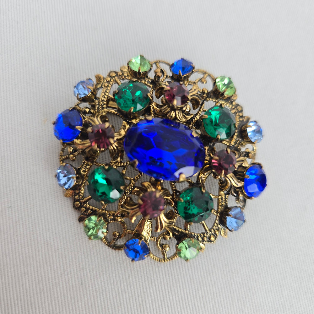 Vintage 1960s West German Style Multi Color Rhinestone Filigree Brooch