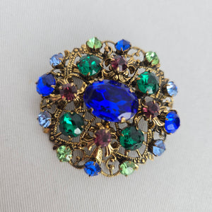 Vintage 1960s West German Style Multi Color Rhinestone Filigree Brooch