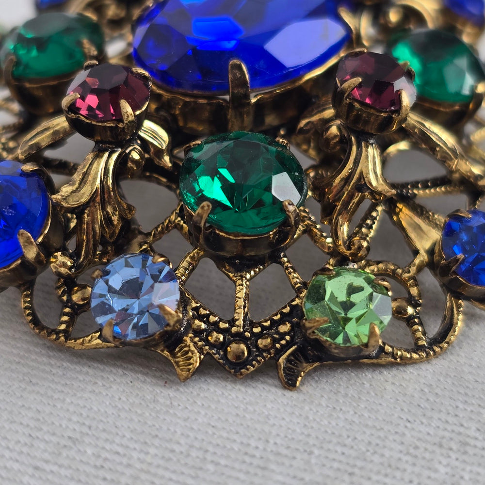 Vintage 1960s West German Style Multi Color Rhinestone Filigree Brooch