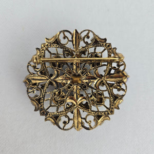Vintage 1960s West German Style Multi Color Rhinestone Filigree Brooch