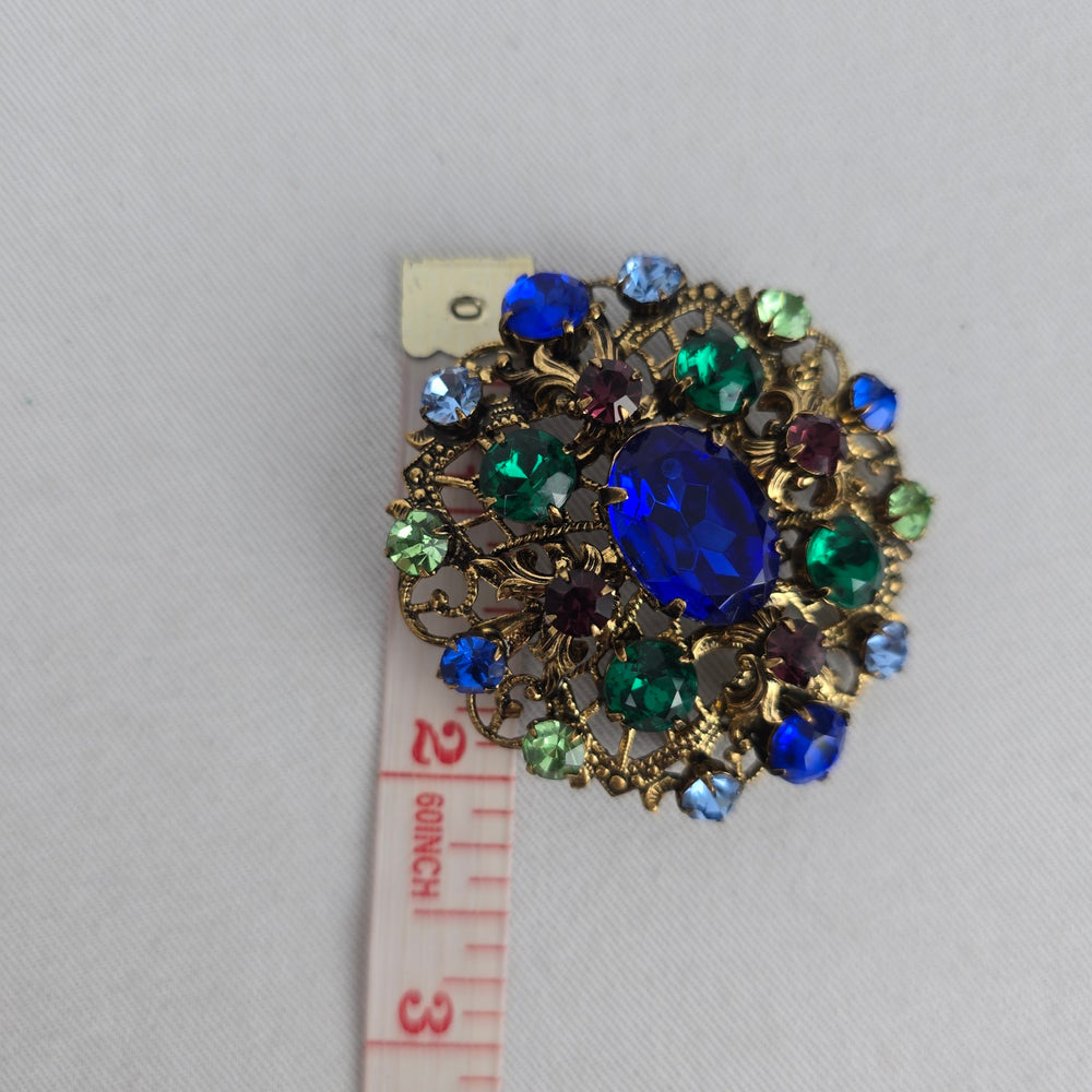 Vintage 1960s West German Style Multi Color Rhinestone Filigree Brooch