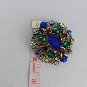 Vintage 1960s West German Style Multi Color Rhinestone Filigree Brooch