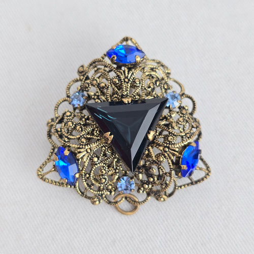 VTG 60s Blue Rhinestone Triangle Filigree Brooch Pendant