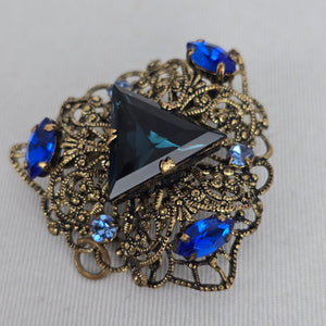 VTG 60s Blue Rhinestone Triangle Filigree Brooch Pendant