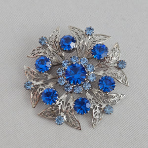 Vintage 1950s Signed Celebrity NY Sapphire & Baby Blue Rhinestone Filigree Brooch