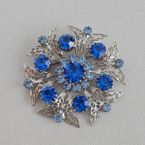Vintage 1950s Signed Celebrity NY Sapphire & Baby Blue Rhinestone Filigree Brooch