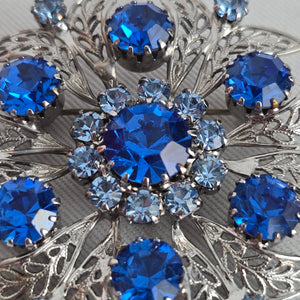 Vintage 1950s Signed Celebrity NY Sapphire & Baby Blue Rhinestone Filigree Brooch