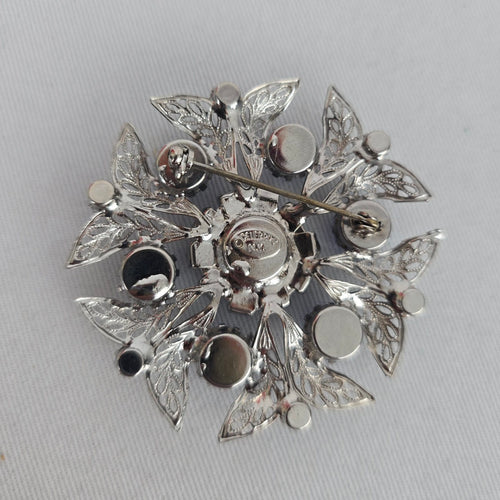 Vintage 1950s Signed Celebrity NY Sapphire & Baby Blue Rhinestone Filigree Brooch
