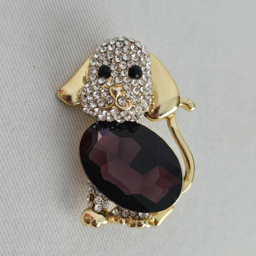 Vintage Gold Tone Rhinestone Dog Brooch with Large Purple Stone