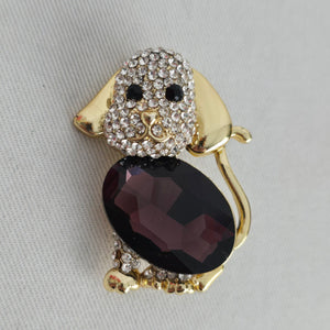 Vintage Gold Tone Rhinestone Dog Brooch with Large Purple Stone
